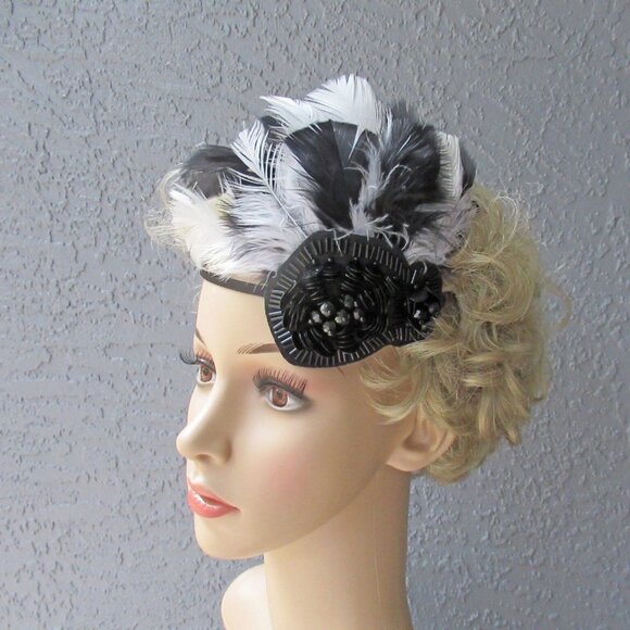 Fascinator / Headband, Black beads + black & white feathers on narrow black band - Picture 9 of 14